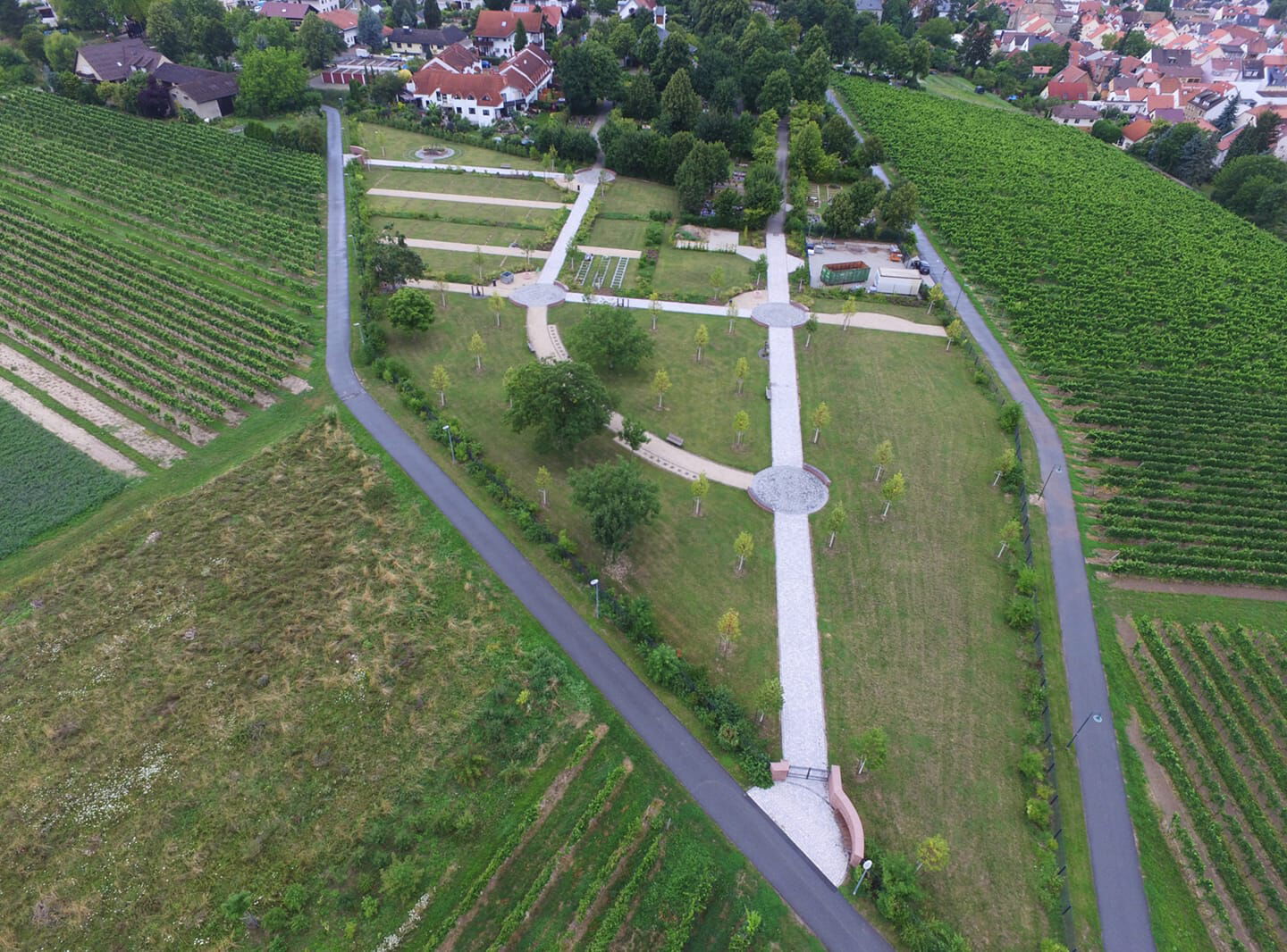 Luftaufnahme von Häusern, Wieden und Feldern