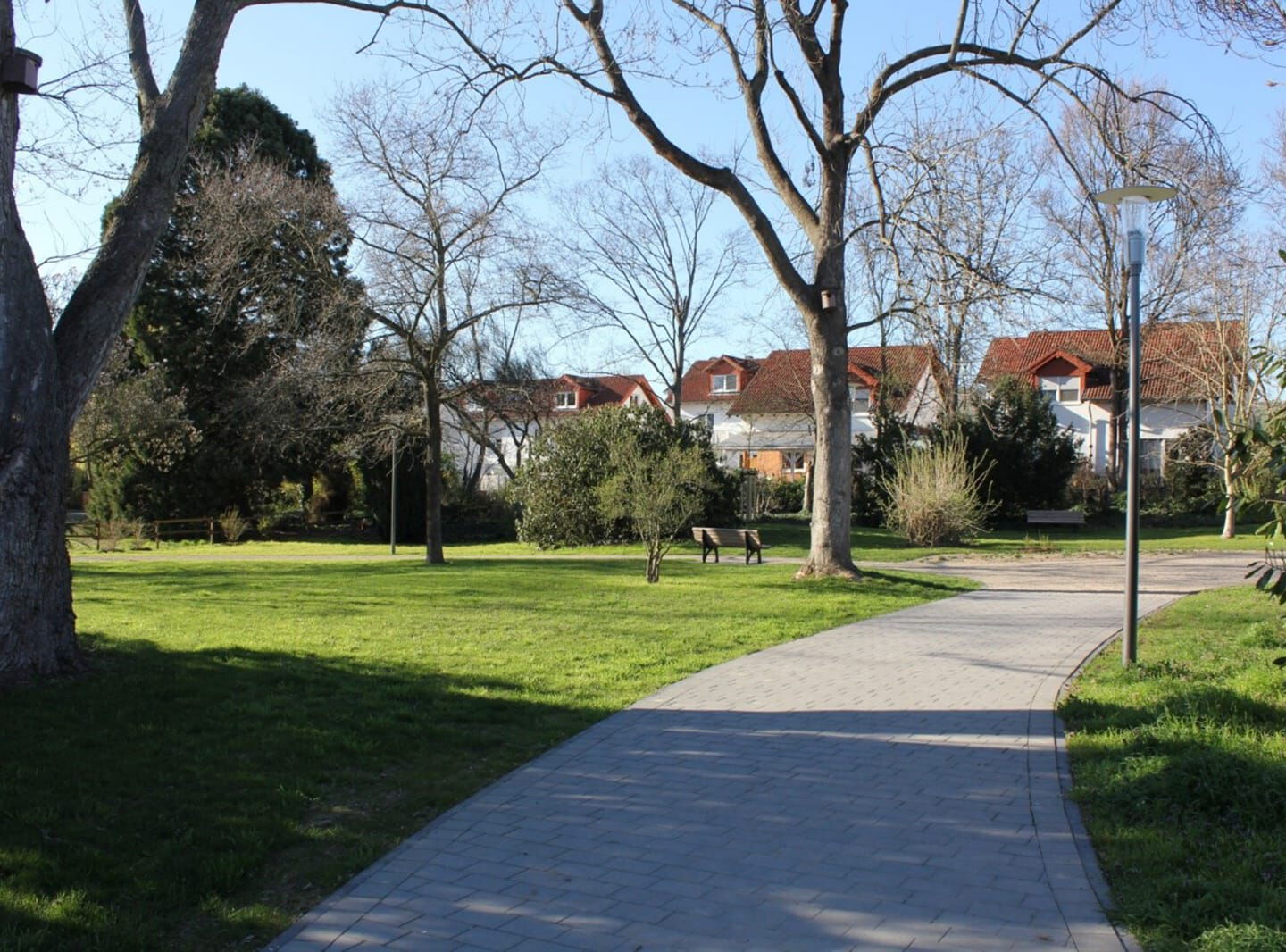 Weg mit Wiese Bäumen und Häusern