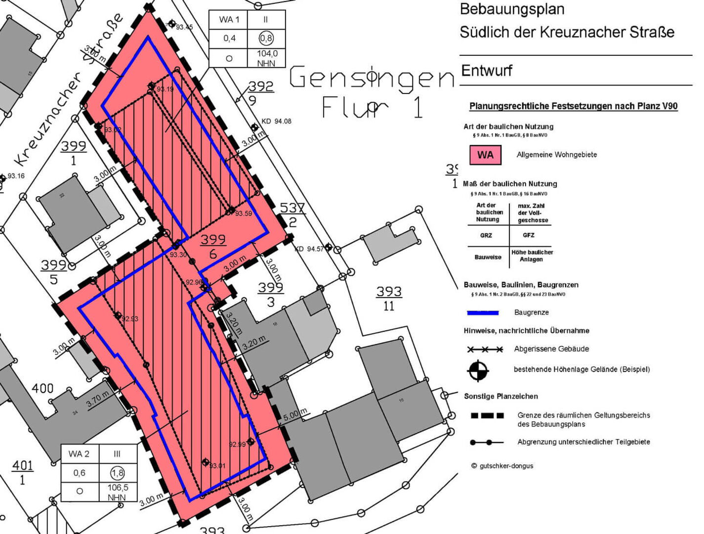 Bebauungsplan mit Rot eingezeichneten Bereichen