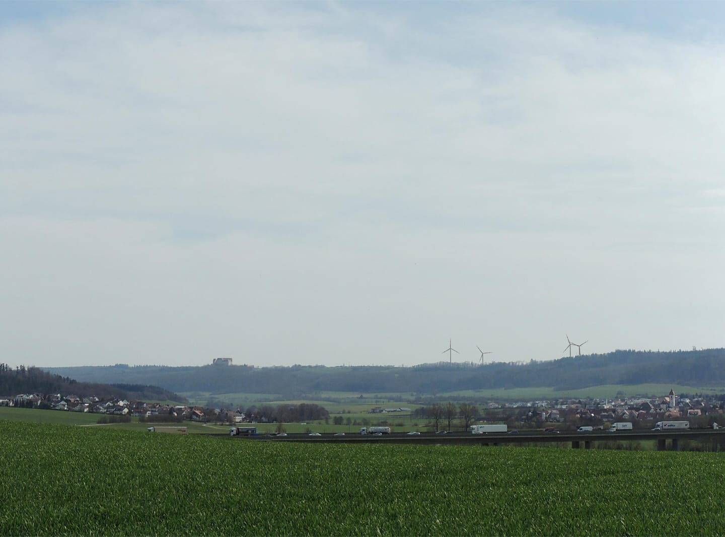 Wiese mit Häusern in Hintergrund